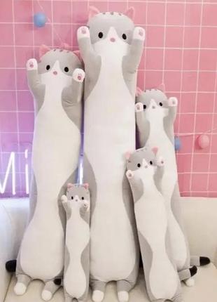 Кот батон серый 130 см обнимашка  большая плюшевая игрушка лежачий кот обнимись