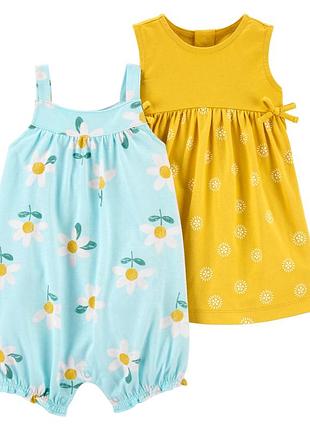 Бавовняний літній комплект для дівчинки carter’s картерс: пісочник літній ромпер, сукня і блумери
