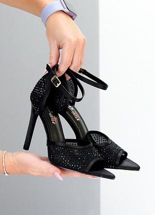Босоніжки "kams" жіночі сатин / текстильна сітка декорована стразами чорний 24760