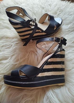Босоножки на танкетке платформе плетеные кожаная стелька полоска сандалии туфли сабо