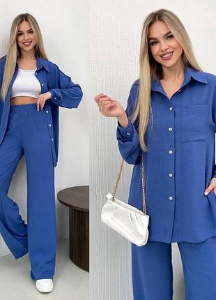 Жіночий темно синій електрик брючний костюм жатка батал