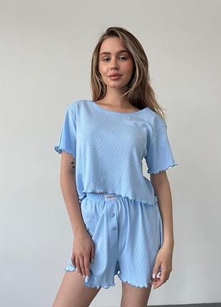Хлопковая пижама футболка + шорты ажурный трикотаж голубая для дома и сна