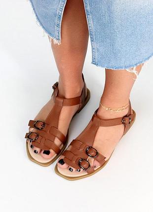 Качественные босоножки в коричневом цвете, женские сандалии полностью кожаные на ремешках. плоская подошва