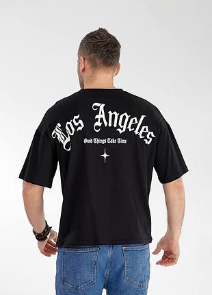Футболка чоловіча базова з написом ззаду los angles оверсайз бавовняна стильна вільна біла чорна
