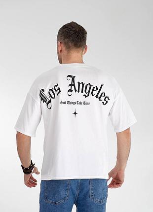 Футболка чоловіча базова з написом ззаду los angles оверсайз бавовняна стильна вільна біла чорна