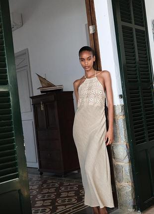 Сукня zara, сукня з додаванням льону zara, сукня міді з льону з вишивкою