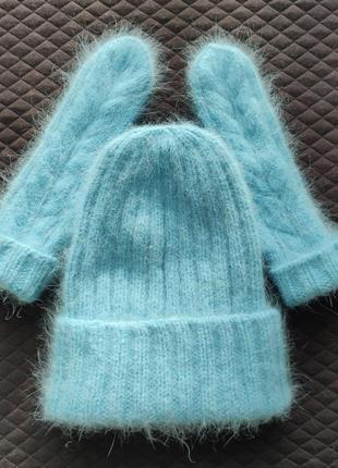 Комплект из пуха норки шапка варежки рукавицы бактус косынка4 фото