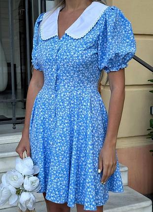 Жіноча літня коротка сукня міні із комірцем короткий рукав квітковим принтом у квіточку блакитна