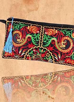 Вінтажна вишита довга сумочка-гаманець на браслеті в етнічному стилі з квітковою тканиною та кишенею для телефону
