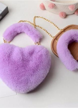 Фиолетовая меховая сумка в виде сердца из искусственного меха с помпоном, сумка-клатч через плечо