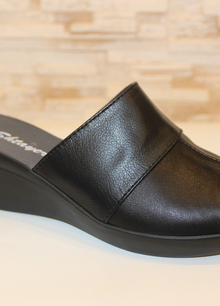 Шлепанцы женские черные на танкетке натуральная кожа б1255-1