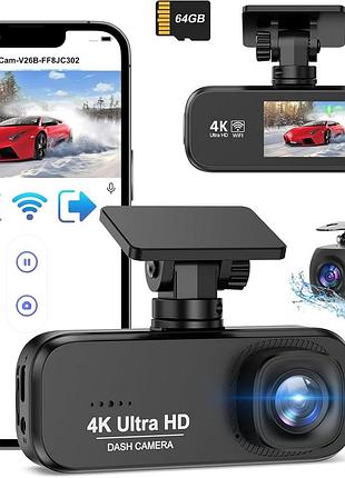 Topabol - автомобильный видеорегистратор, передняя и задняя камера 4k+1080p, wifi с приложением, sd карта 64гб