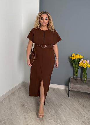 Летнее длинное платье с коротким рукавом поясом и разрезом спереди