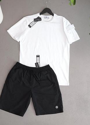 Футболки + шорти stone island чорно-білий патч