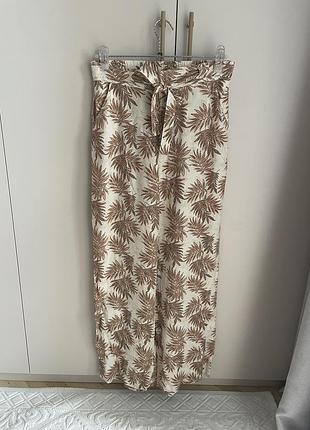 Штаны женские primark широкие палаццо прямые принт листья бежевые вискоза натуральные