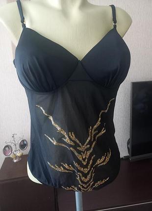 Красивый, эффектный сдельный купальник  черного цвета с золотистой вышивкой, италия, 42/ xl/ 50., amarea.