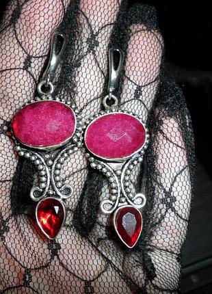 Сережки індійський рубін, червоний гранат, натуральний камінь, сріблення, індія