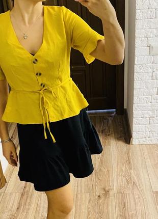 Блузка під поясок жовтого кольору, блузка гірчичного кольору