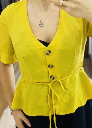 Блузка під поясок жовтого кольору, блузка гірчичного кольору3 фото