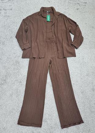 Легкий летний шоколадный костюм рубаха+ брюки s-m