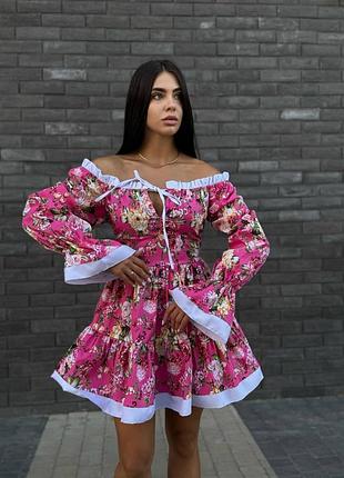 Жіноча натуральна котонова сукня з оборками в квітковий принт плаття міні на спині корсетна шнурівка9 фото