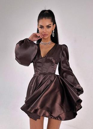 ❗ексклюзив❗шоколадное праздничное атласное платье корсетное с двойной юбкой и рукавами декольте