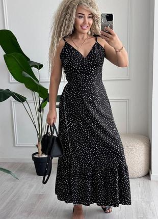 Длинный летний сарафан на запах в гороховый принт