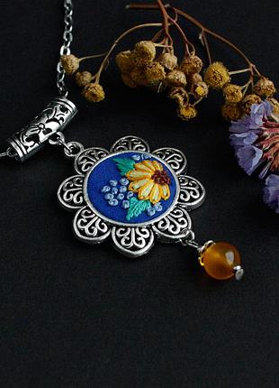 Синій жовтий кулон підвіска з соняхом на ланцюжку патріотичні українські прикраси