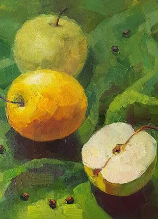 Яблоки, картина масляными красками, натюрморт, маленькая картина, картина на подарок, фрукты, 25х25 см
