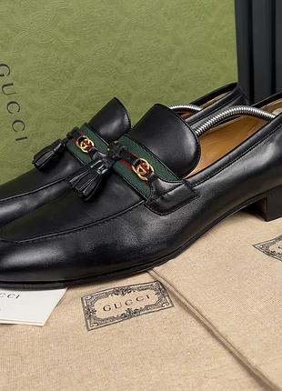 Gucci interlocking gg tasseled web loafers black leather чоловічі туфлі лофери оригінал 45.5 eur