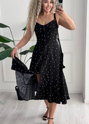 Жіноча легка літня сукня міді на бретелях в горох з розрізом на нозі | 805