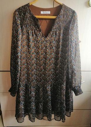 Шифоновое свободное широкое коричневое миди платье на подкладке