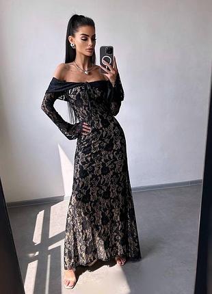 Длинное кружевное платье с открытыми плечами, силуэтное платье макси со шлейфом, кружечное платье в пол