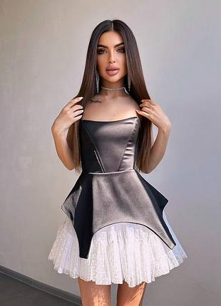 Атласное корсетное платье с юбкой из сетки, корсетное платье мини на завязках, короткое вечернее платье с открытыми плечами