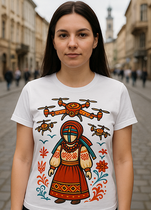Роспись футболки по заказу, мотанка с дронами, трезубец!