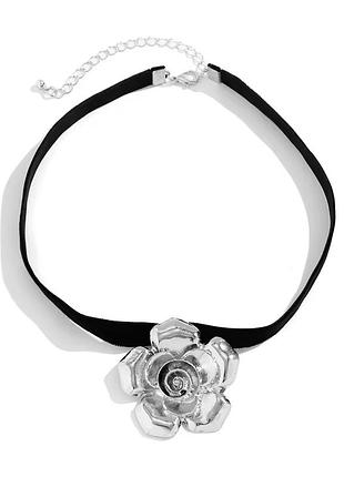 Тренд стиль zara чокер черный бархат серебристый кулон цветок колье ожерелье