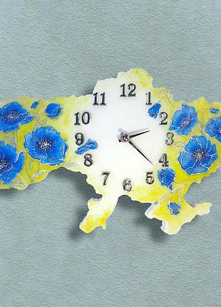 Годинник карта україни з маками, 45 см, епоксидна смола, ручна робота