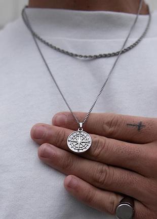 Мужская серебряная металлическая подвеска, цепочка с кулоном компас один размер15 шт.