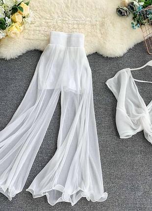 Жіночий костюм літній легкий повітряний прозорі штани брюки палаццо широкі вільного крою з шортиками шортами на резинці і + топ шифоновий білий чорний