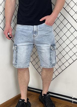 Блакитні джинсові подовжені шорти карго, з кишенями, баггі