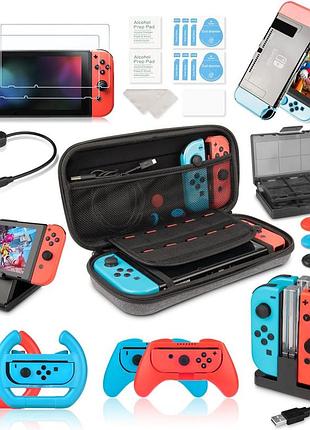 Аксессуары для nintendo switch 19-в-1 – чехол, зарядная станция, подставка, руль, грипсы, стекло, картридж-бок