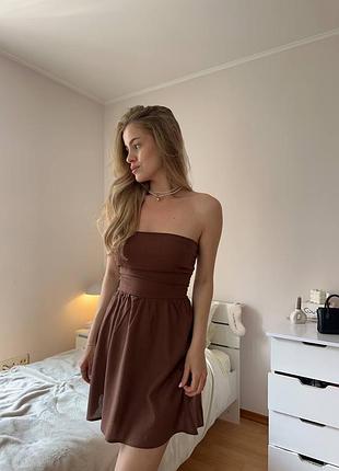 Жіноча шоколадна лляна корсетна міні сукня