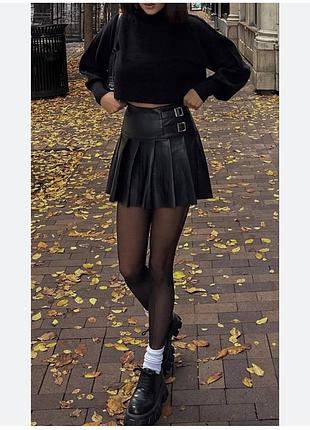 Юпка спідниця юбка кожаная эко шкіряна плиссе тенисная тениска черная с ремешками складки школьная мини