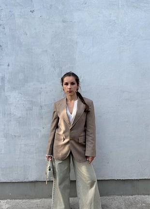 Вінтаж фірмовий класичний піджак жакет оверсайз подовжений нюдовий вовна вовняний