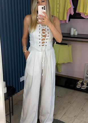 Костюм летний льняной из натуральной ткани льна корсет топ на завязках и брюки брюки палаццо