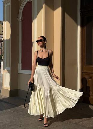 Женская летняя шелковая юбка эксклюзивная макси длинная из натуральной ткани шелка пышная сливочная молочная капучино коричневая