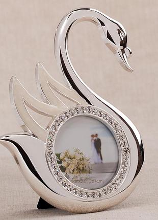 Фоторамка настільна металева зі стразами лебідь 12х14 см фото 7х7 см 1045n