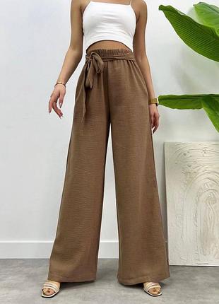 Женские брюки брюки палаццо свободного кроя на лето летние с поясом мягко коричневые