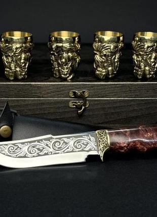 Набор бронзовых стопок люкс nb art козаки 6 шт 30 мл с ножом 48440008 в деревянном кейсе из бука