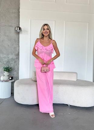 Жіночий яскравий рожевий шифоновий костюм | майка та палаццо | 03